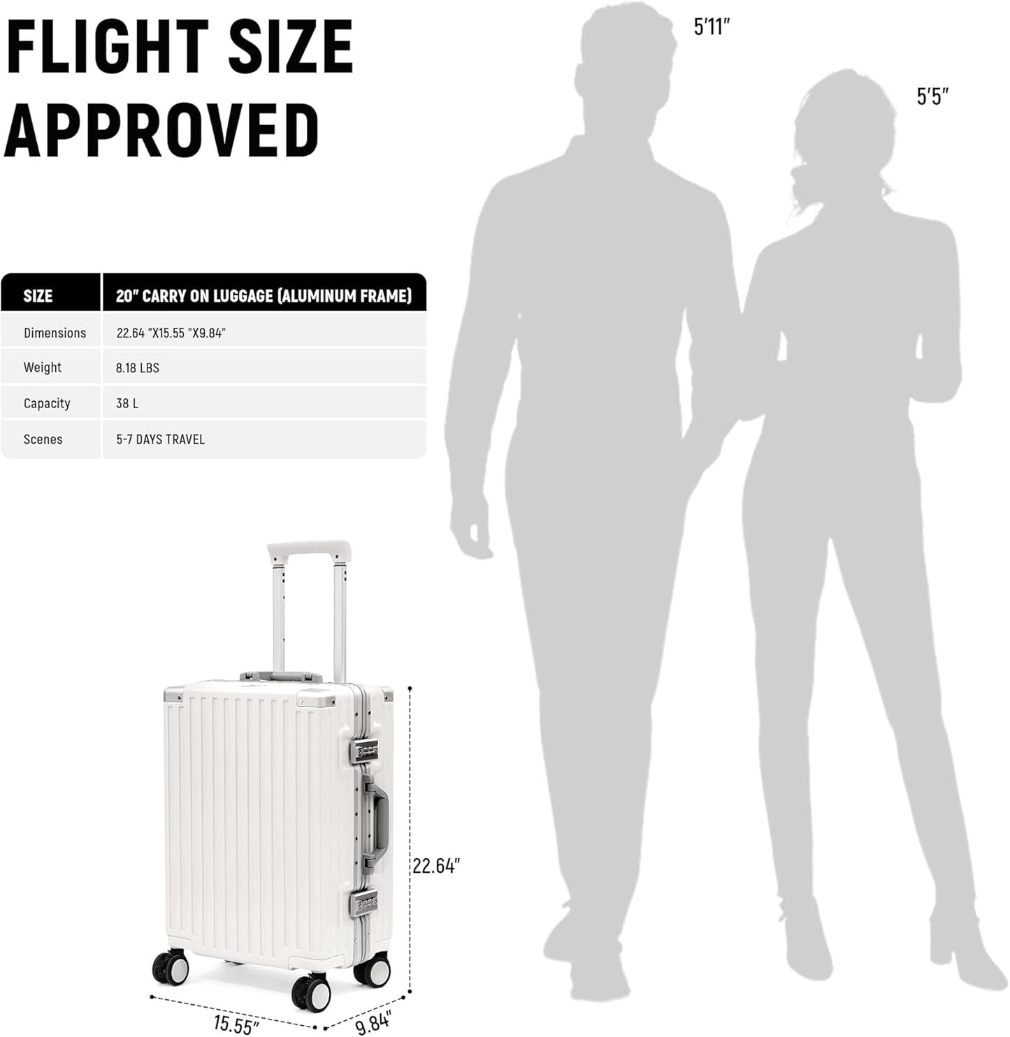 UrbanExplorer 20 Inch Carry On Luggage Aluminum Frame Airline Approved, Zipperless Luggage Carry On TSA Approved ABS+PC Hard Shell Suitcases, Lightweight Carry-On Suitcase with Cup Holder, White