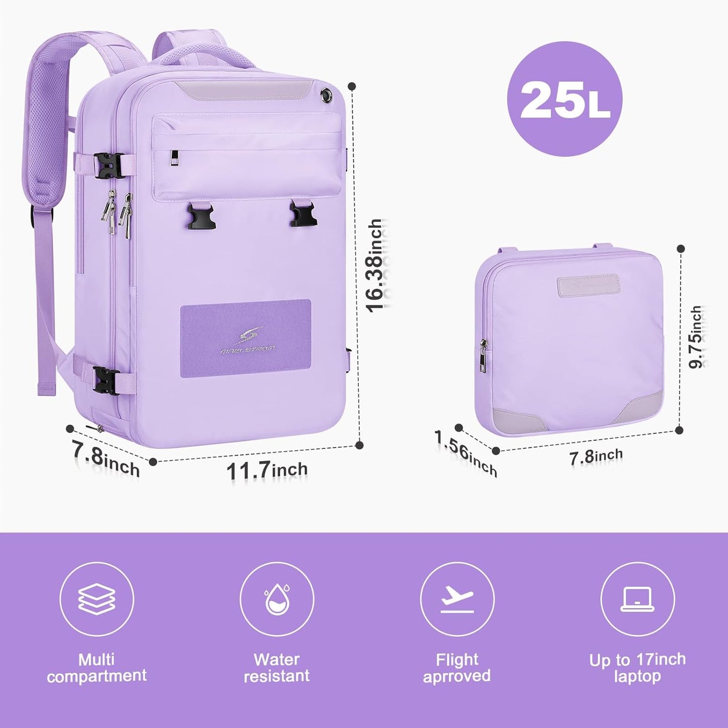 Maelstrom Travel Backpack for Women Men,25L Laptop Backpack Fits 17-Inch Laptop,Waterproof Carry On Backpack for Airplanes with Detachable Crossbody Bag & Shoe Compartment (Purple, Medium)
