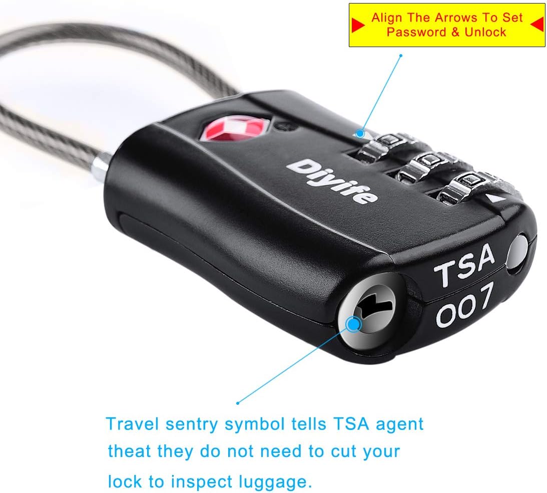 Diyife TSA Approved Locks 4 Pack, Keyless Cable Suitcase Locks, Zinc Alloy, 3 Digit Combination Locks for Travel, Bags, Backpack, Baggage, Black, Blue, Red, Orange
