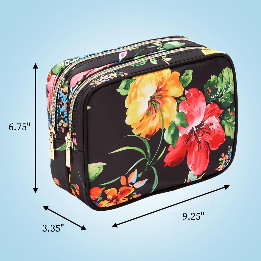 Conair Travel Double Zip Organizer - Toiletry Bag - Makeup Bag - Travel Makeup Bag - Makeup Organizer - Black Floral Print