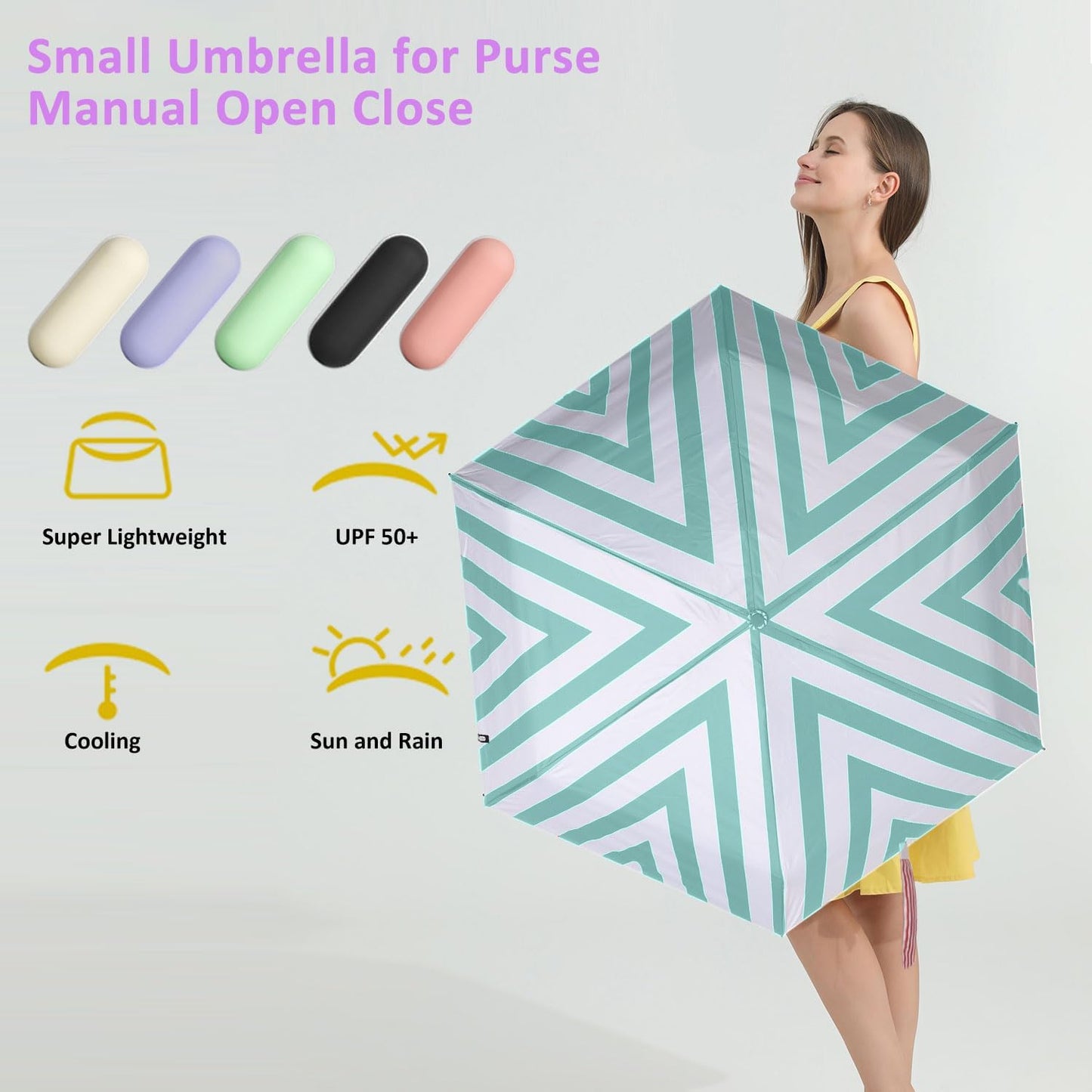 BAODINI Travel Essentials Mini Umbrella for Purse With Case Small Compact UV Sun Protection Lightweight Tiny Pocket Manual Open Close Umbrella for Women Kids and Men Fit Purse Backpack