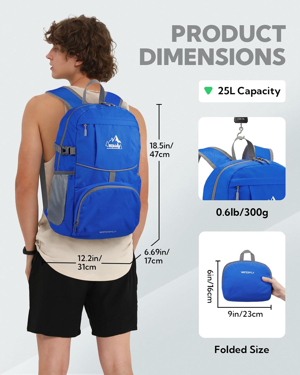 WATERFLY Hiking Packable Daypack Backpack: 25L Ultra Lightweight Day Pack for Woman Man - Small Compact Folding Back Pack for Outdoor Sport Cycling Camping Travel Trip - Blue