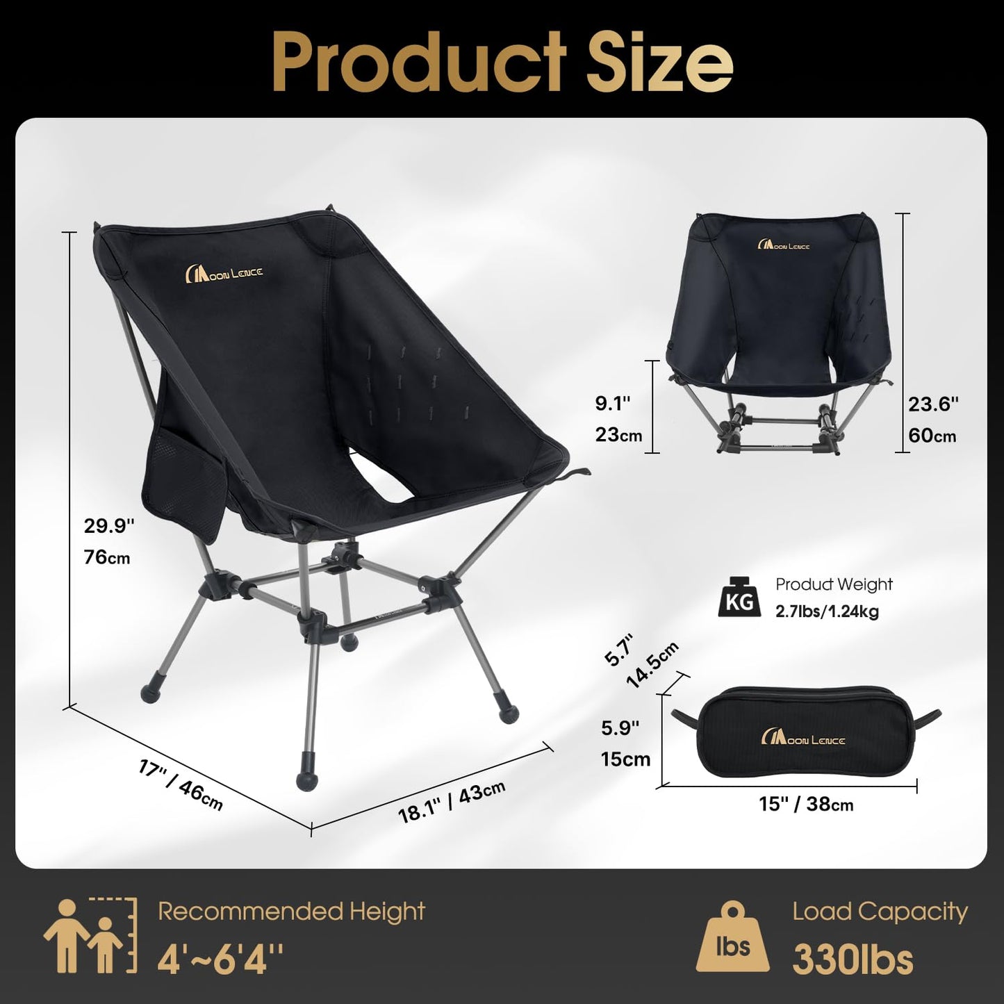 MOON LENCE Portable Camping Chair Plus, Larger & Roomier, Compact and Lightweight, Folding Chair