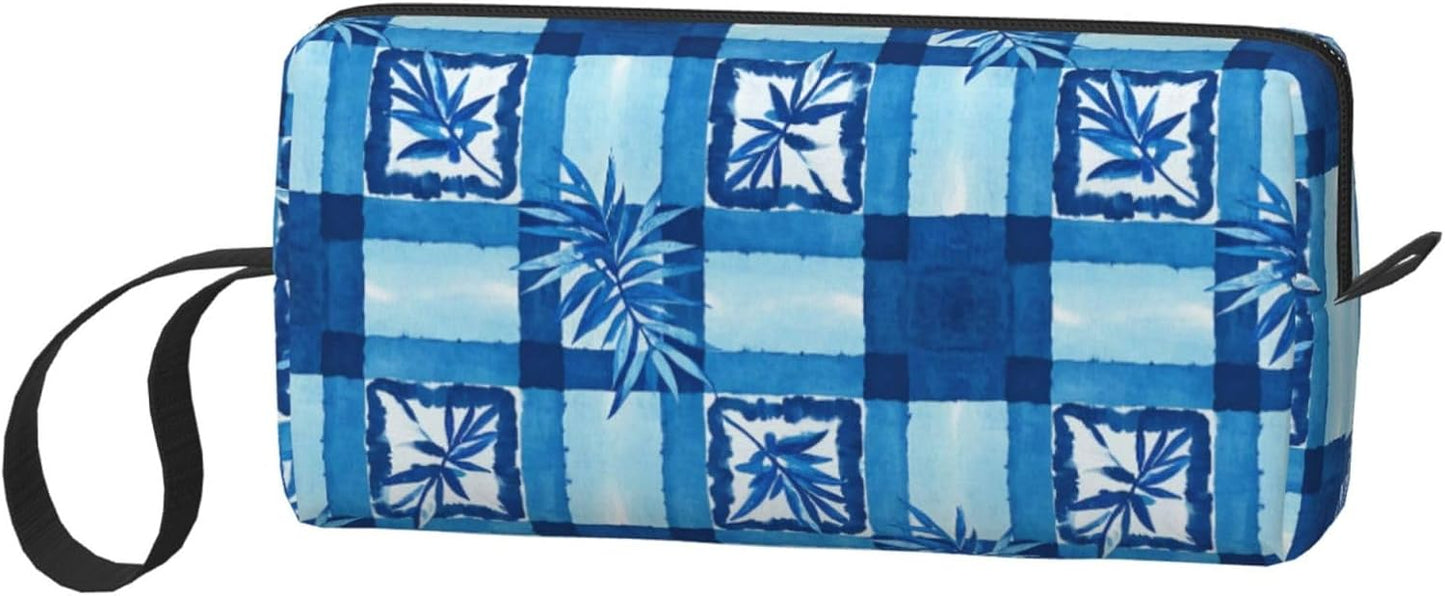 Blue Geometric Bamboo Leaf Makeup Bag Small Compact Durable Travel Cosmetic Bag Organizer Oxford Fabric Multi-Purpose Storage Perfect for Travel, Gym, Daily Use