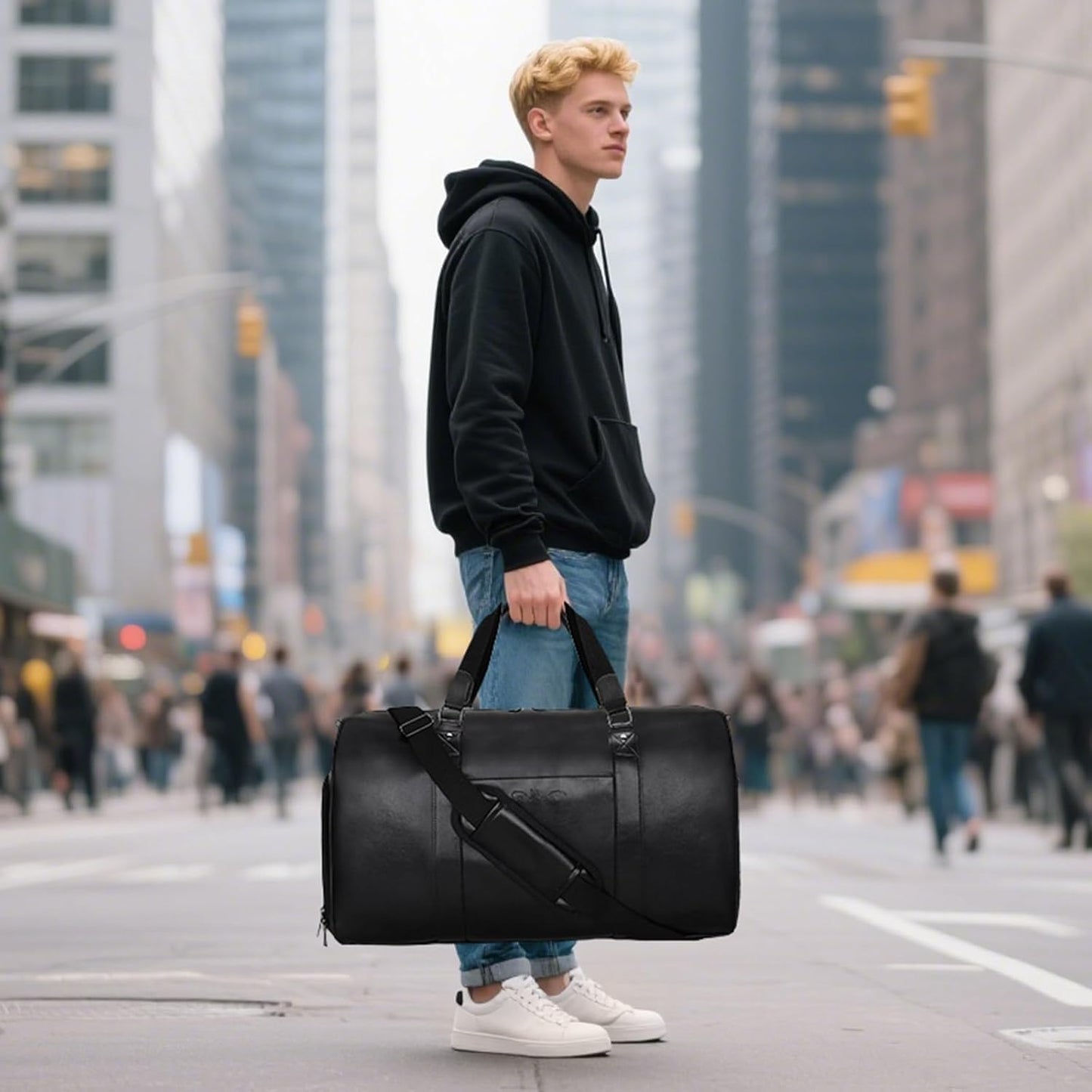 3-in-1 Leather Duffle Bag with Toiletry and Shoe Compartment, Weekender Overnight Gym Bag for Men and Women, Carry On Fits Most 15.6 Inch Laptops(Black)