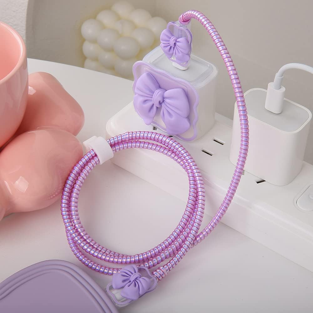 Compatible with iPhone 18W/20W USB-C Charger Cover Cute 3D Bow Tie Design Clear Soft Charger Protector Kawaii Cable Saver for iPhone 11 12 13 14 Pro Max Fast Power Adapter, Purple 2 (5in1)