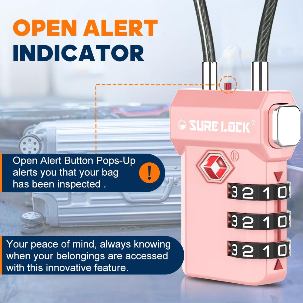 SURE LOCK TSA Approved 3-Digit Combination Luggage Locks – Open Alert Indicator, Re-settable Code with Zinc Alloy Body, Easy-Read Dials for Suitcase, Backpack, Gym Locker & Toolbox (Multiple Colors)