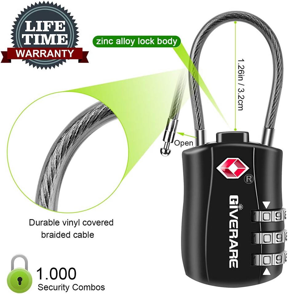 GIVERARE 2 PCS TSA Approved Luggage Locks, Combination Travel Cable Lock, Re-settable 3-Digit Padlocks with Alloy Body, Keyless Travel Sentry Accepted Padlock for Gym Locker, Golf Bag Case-Black