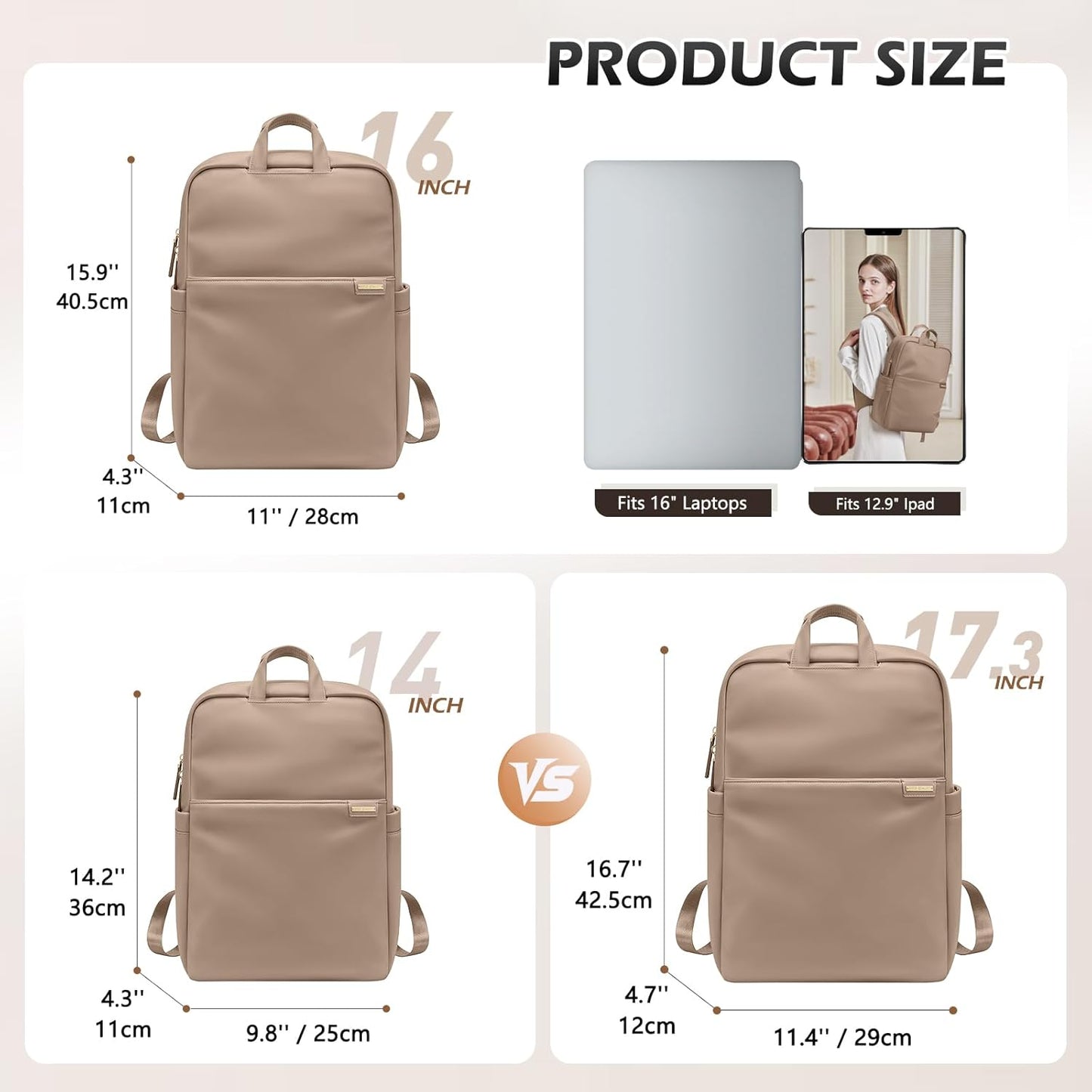 Slim Laptop Backpack for Women, Lightweight Business Backpack for Women Computer Bag Purse for Commuting, Fit 16 Inch,Champagne Brown