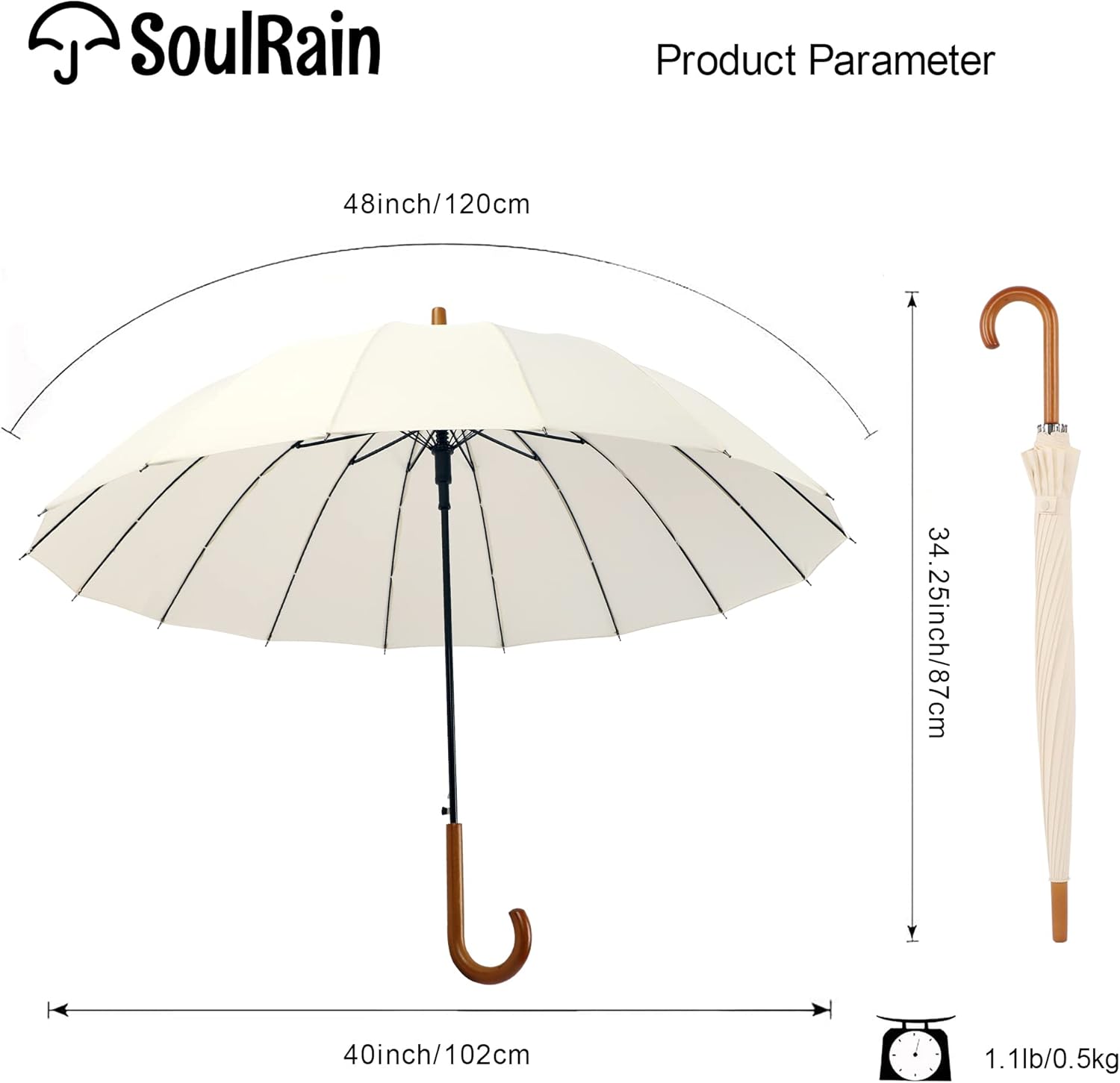 SoulRain 16 Ribs 48" Stick Umbrella Auto Open Solid Color Fashionable and Simple，Arc Classic Wood
