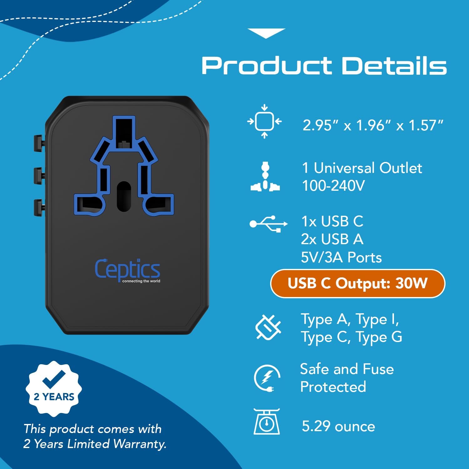 Ceptics International Power Adapter, World Travel adapter w/ PD 30W USB-C - 2 USB-A Ports Universal