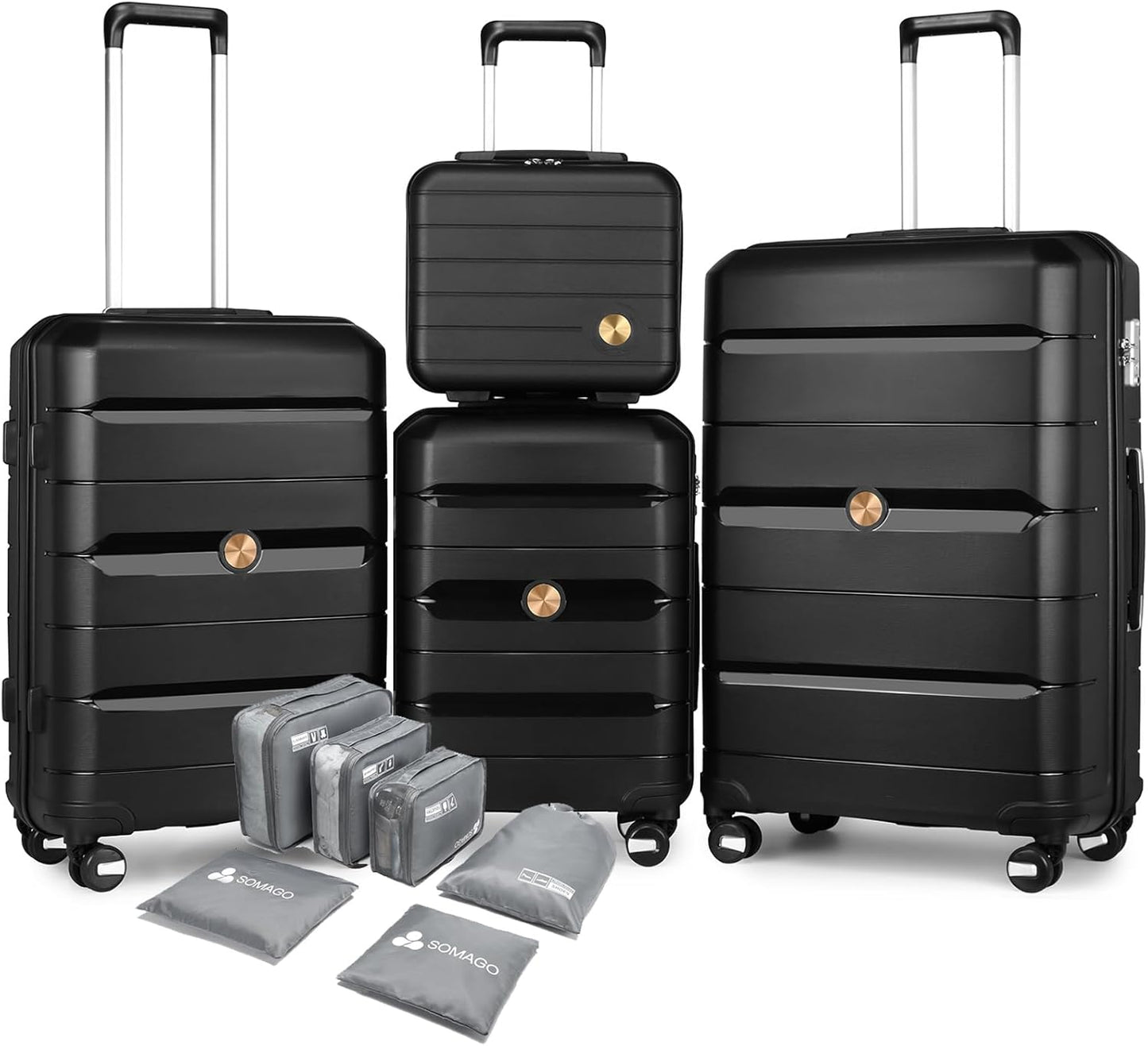Somago Luggage Sets and Packing Cube Travel Set Lightweight Hardside Polypropylene Suitcases with Double Spinner Wheels and TSA Lock,Classic Black