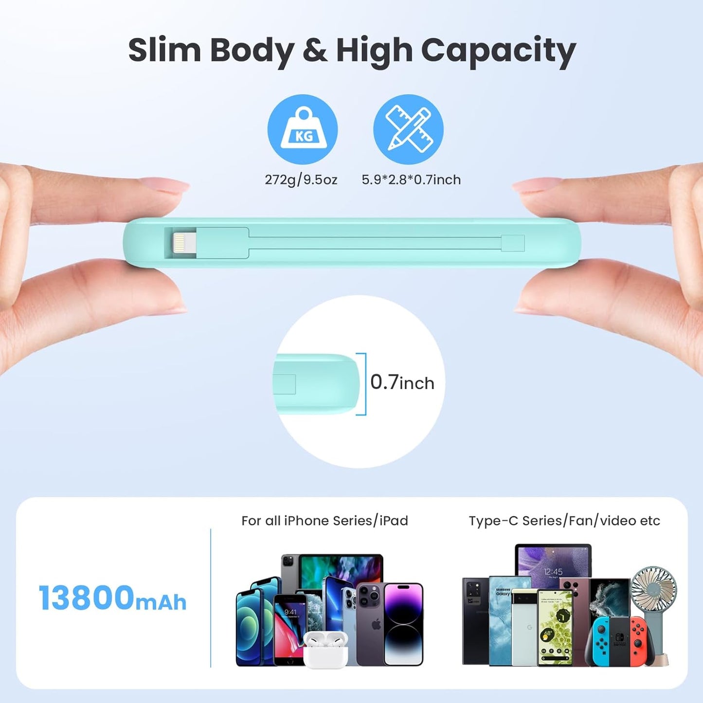 Portable Charger 13800mAh Slim USB C Power Bank with Built in Cables and Wall Plug,LCD Display Lightweight Travel Battery Pack,PD Fast Charging Compatible with iPhone 17,16,Samsung Android-Green