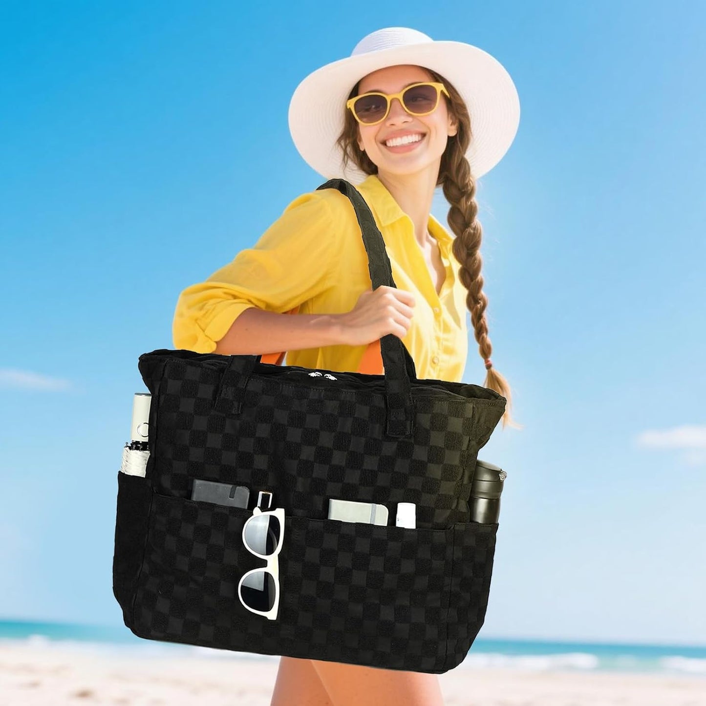 LEDAOU Large Beach Tote Bag Women Waterproof Sandproof Zipper Beach Tote Bag for Pool Gym Grocery