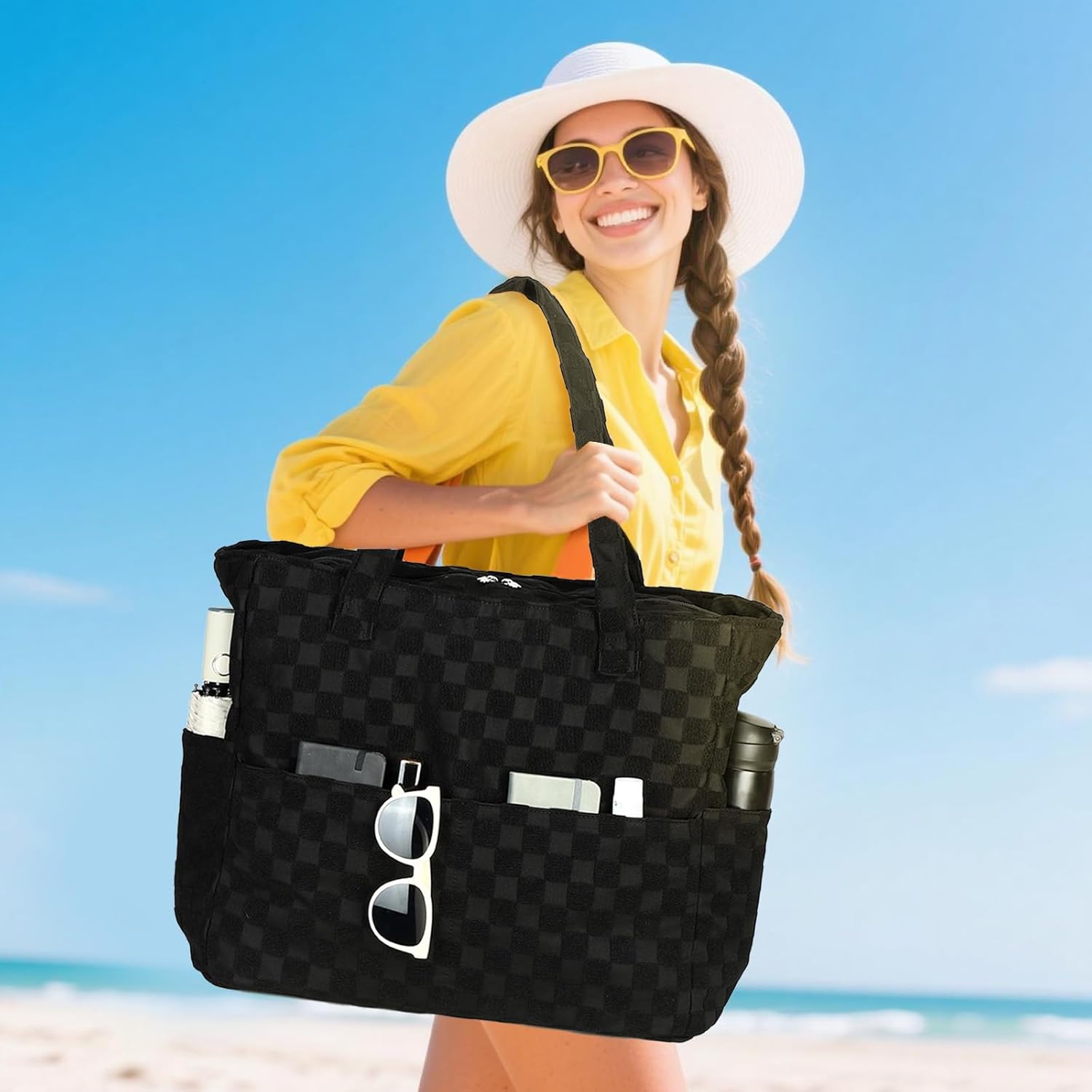 LEDAOU Large Beach Tote Bag Women Waterproof Sandproof Zipper Beach Tote Bag for Pool Gym Grocery