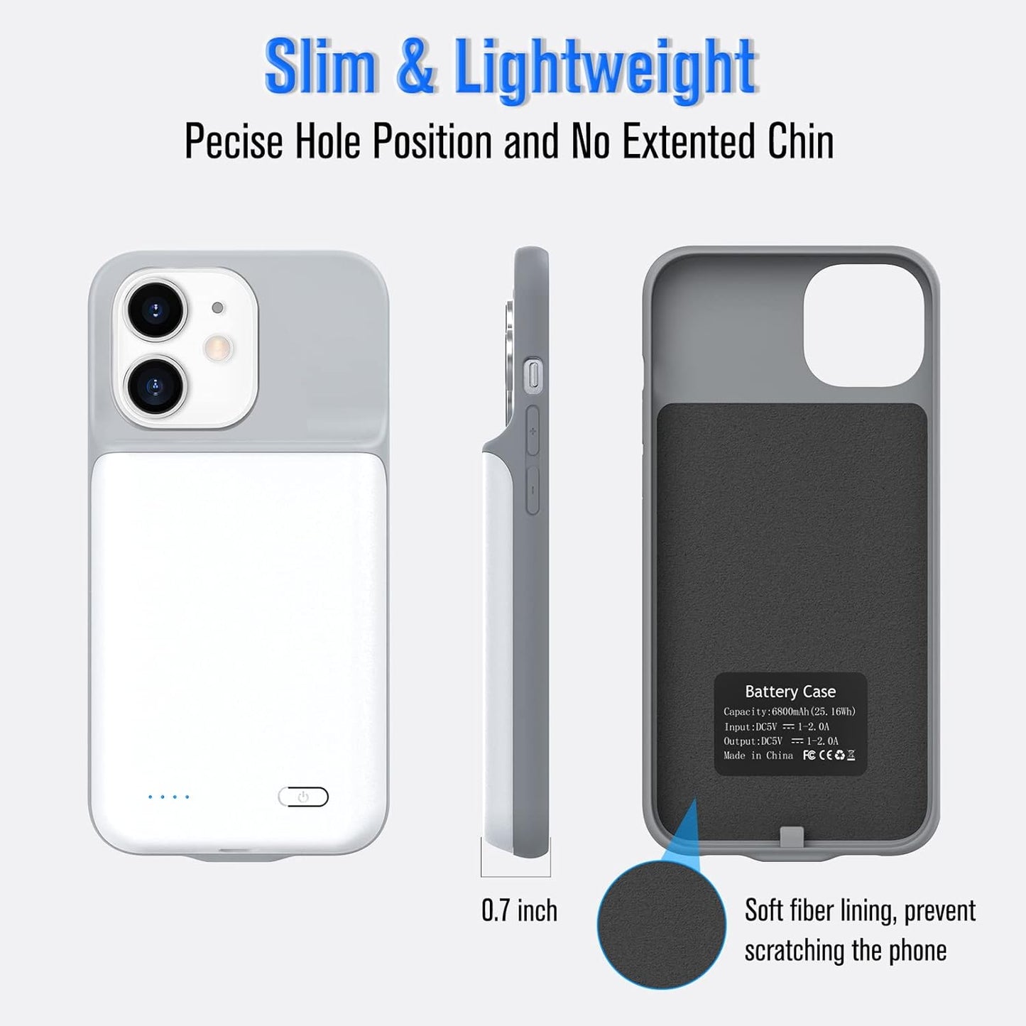 Gladgogo Battery Case for iPhone 12/12 Pro, Powerful 7000mAh Protective Smart Charging Case Ultra Slim Rechargeable External Battery Pack for iPhone 12/12 Pro, 6.1 inch, White