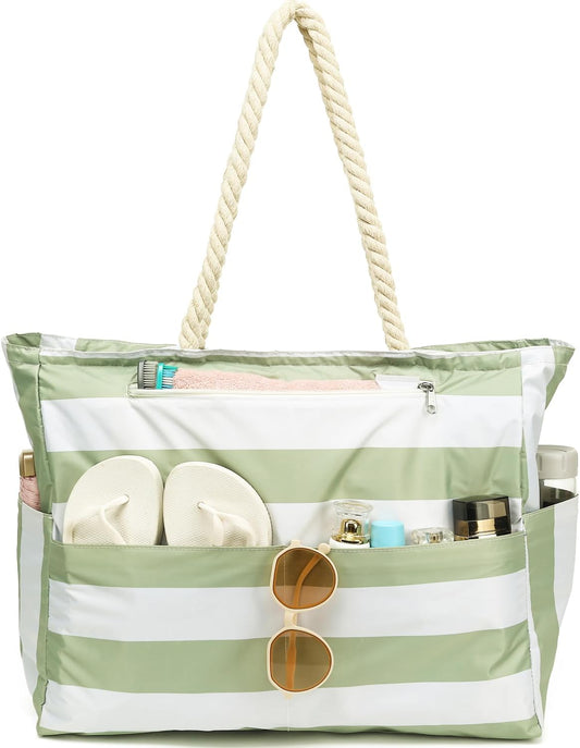 Large Beach Bag for Women, Waterproof Travel Tote Bag with Lunch/Wet Pocket for Weekender, Sandproof, Zipper Closure