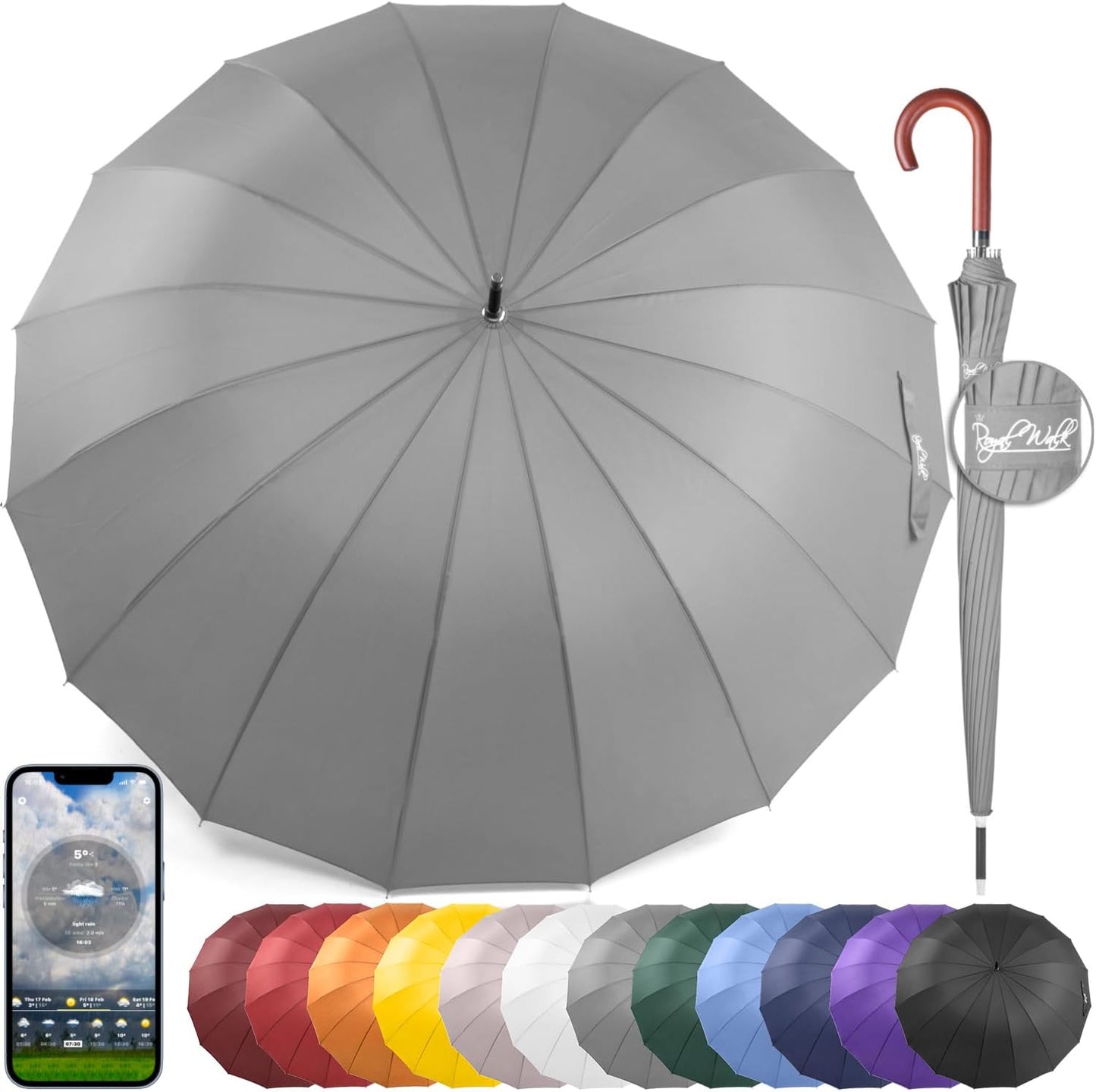 Royal Walk Windproof Large Umbrella for Rain 54 Inch Automatic Open for 2 Persons Wind Resistant Big Golf Umbrellas for Adult Men Women Classic Wooden Handle Fast Drying Strong 16 Ribs Travel 120cm