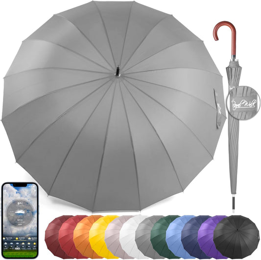 Royal Walk Windproof Large Umbrella for Rain 54 Inch Automatic Open for 2 Persons Wind Resistant Big Golf Umbrellas for Adult Men Women Classic Wooden Handle Fast Drying Strong 16 Ribs Travel 120cm