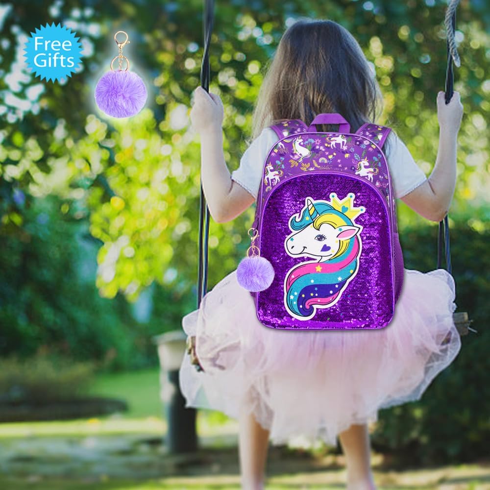 3PCS Girls Backpack, 16" Sequin Prechool Elementary Bookbag and Lunch Box