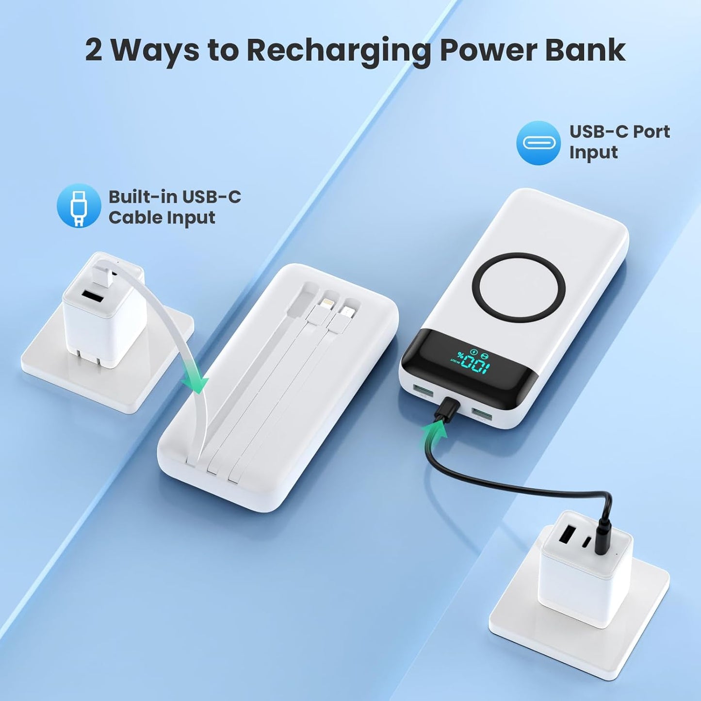 Wireless Portable Charger 40800mAh for iPhone with 3 Built-in Cables,7-in-1 15W Wireless Charging USB C Power Bank,25W PD Fast Charging Travel Essential Battery Pack for iPhone 17/16/15,Android-White
