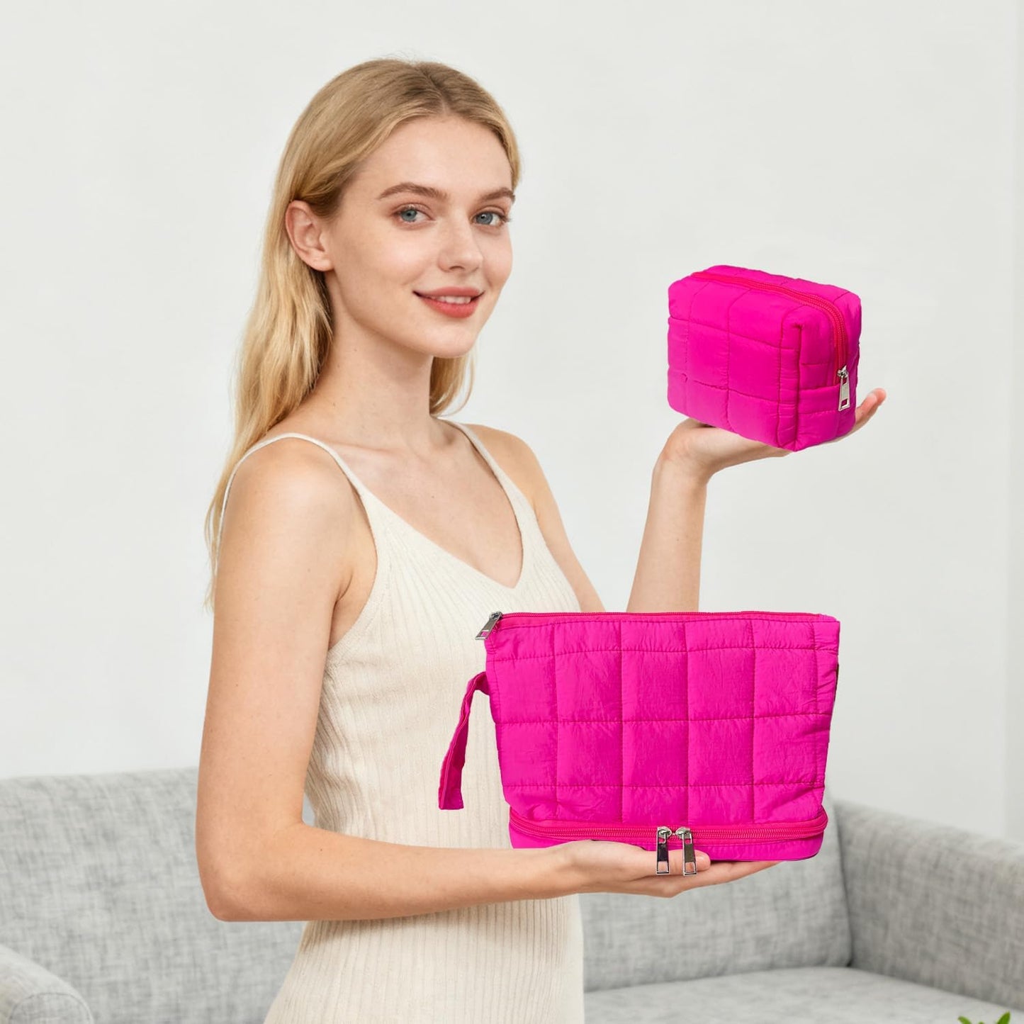Rose Red Puffy Puffer Makeup Bag for Purse Small Makeup Pouch Quilted Cosmetic Bag Cute Cotton Toiletry Pouch Bag for Women