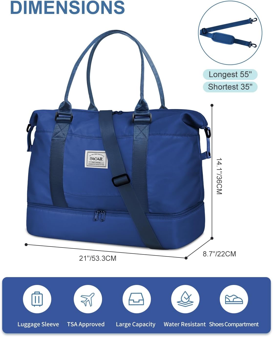 BAGAIL Travel Duffel Bag, Weekender Bags for Women, Overnight Gym Carry On Tote Bag with Wet Pocket, Hospital Mom Bag for Labor and Delivery - Extra Large, Navy Blue