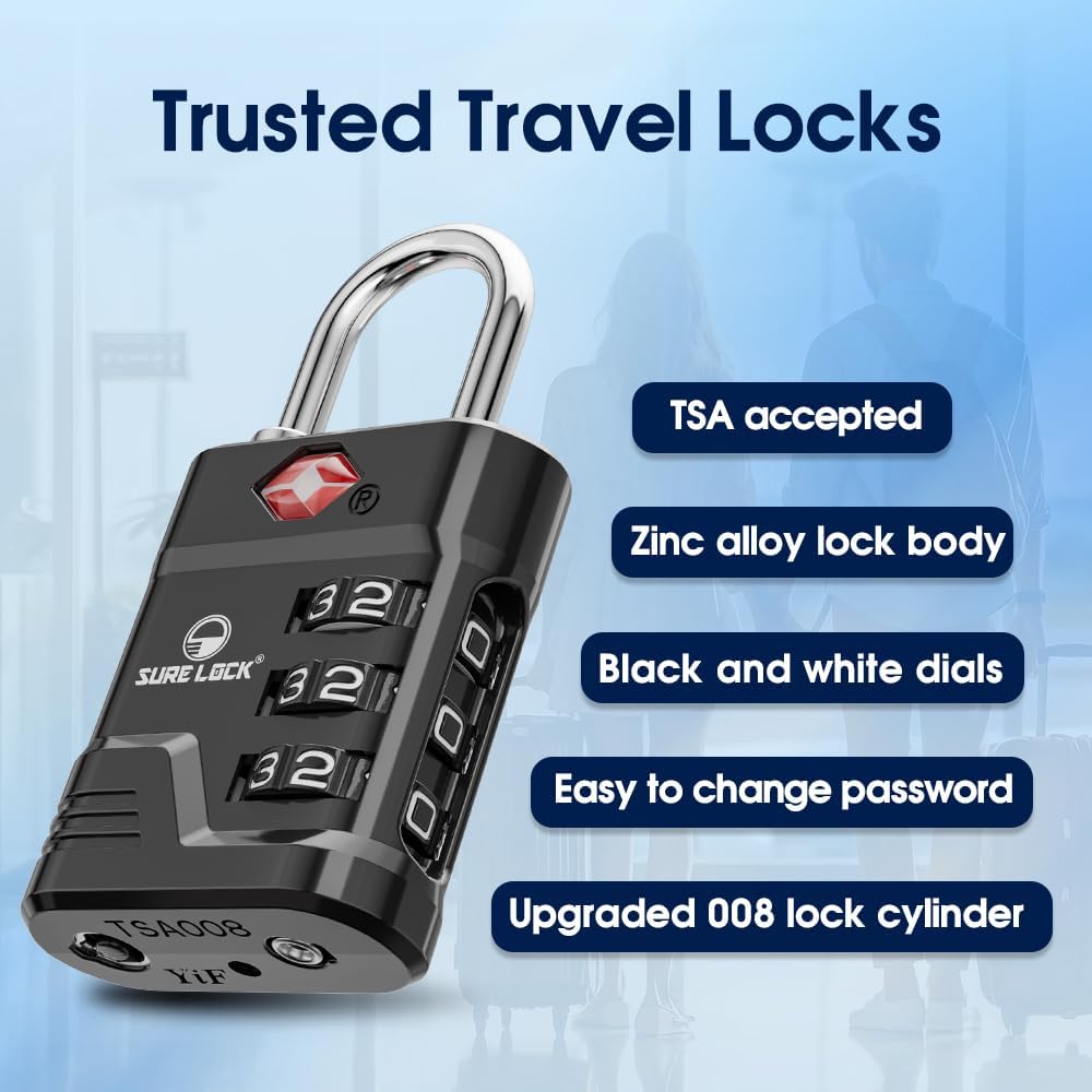SURE LOCK TSA Locks for Luggage, TSA Approved Luggage Locks with Open Alert, 008 Key for High Security, Easy Read Dials, Zinc Alloy Body, Locker Lock for Suitcase, Gym, Travel(Black 6 pk)