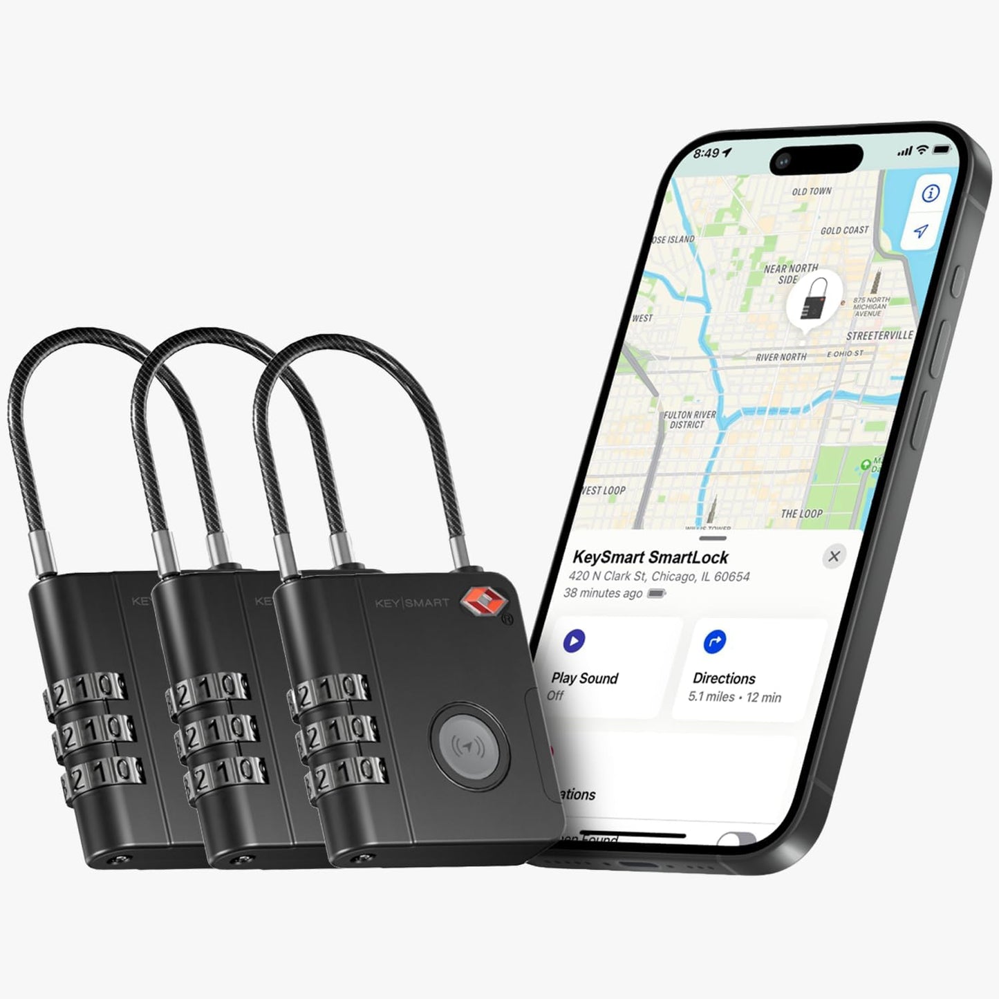 KeySmart SmartLock Tracking Luggage Locks, TSA Locks for Luggage, GPS Tracker, Combination Lock Compatible with Apple Find My App, Best Travel Essentials, Replaceable Non-Rechargeable Battery (3 Pack)