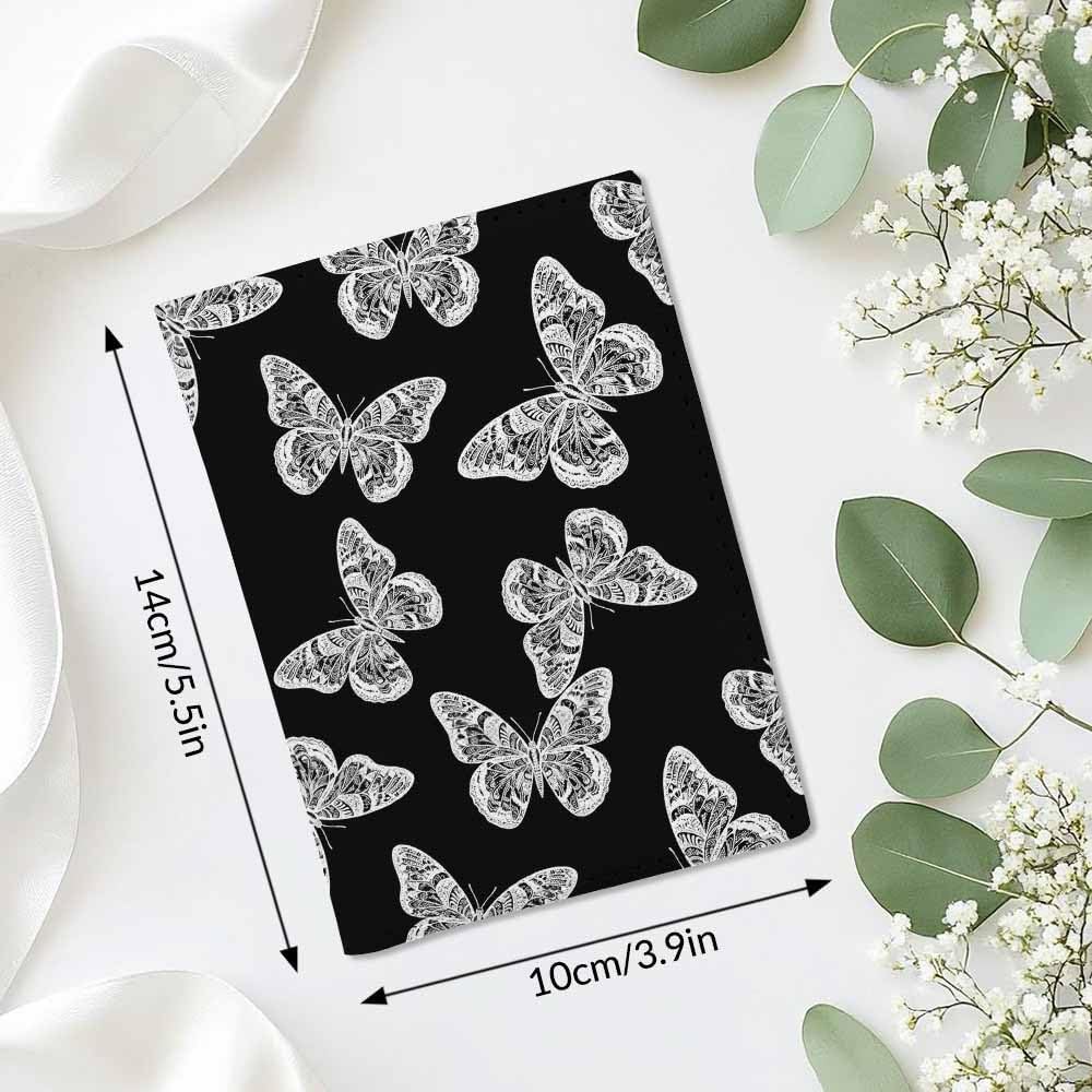 Monochrone Butterflies Passport Holder for Travel Bohomian Hippie Black PU Leather Passport Cover Wallet Cute Passport Card Holder for Women and Men