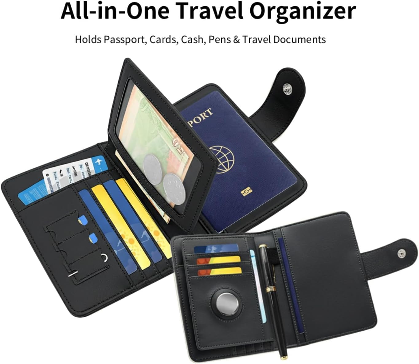 RFID Blocking Leather Passport Holder for Travel, Airtag Passport Wallet for Men and Women, Cards, Passport, Tickets, Cash, Photo and Sim Card Pen Slot (Black)