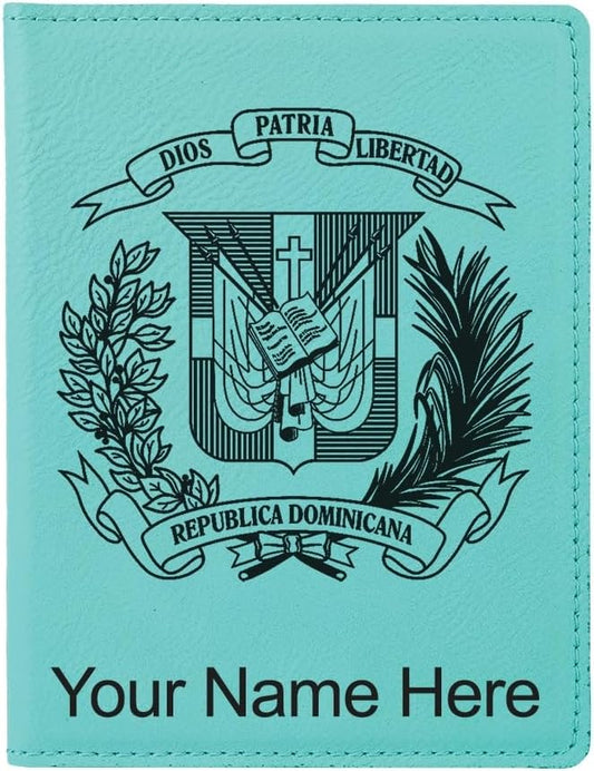 LaserGram Faux Leather Passport Holder, Coat of Arms Dominican Republic, Personalized Engraving Included (Teal)