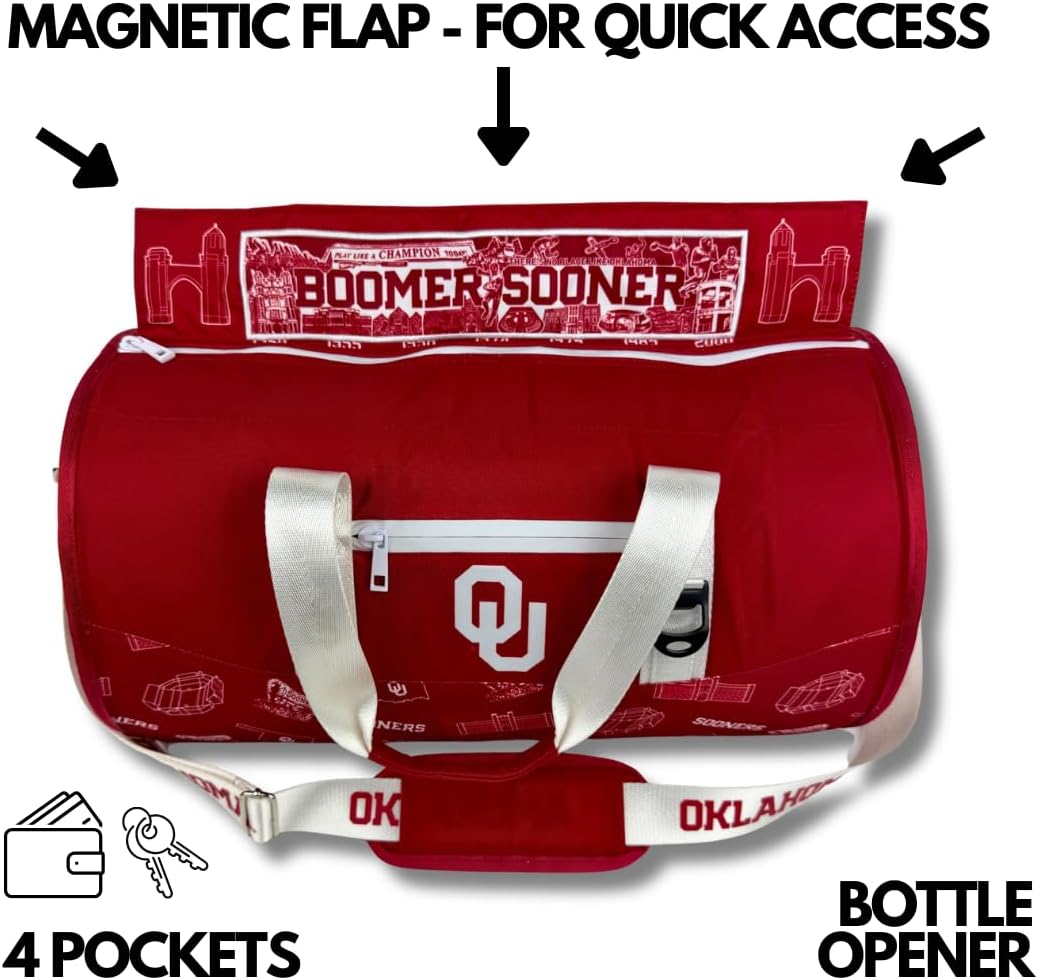 Varsity Cooler University of Oklhaoma Licensed Travel Duffle & Cooler – 30 Can Leakproof Insulated backpack, Waterproof Soft Cooler, Golf, Carry-On Luggage, Gym & Outdoor – Durable Nylon Sports Bag
