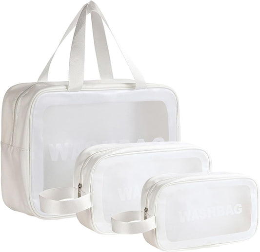 Clear Travel Bags for Toiletries,3 Pack Toiletry Bag,Matte Translucent Toiletry Bag,Makeup Bag With Handy Handle,Travel Pouch,Makeup Cosmetic Organizer for Travel Essentials(White)
