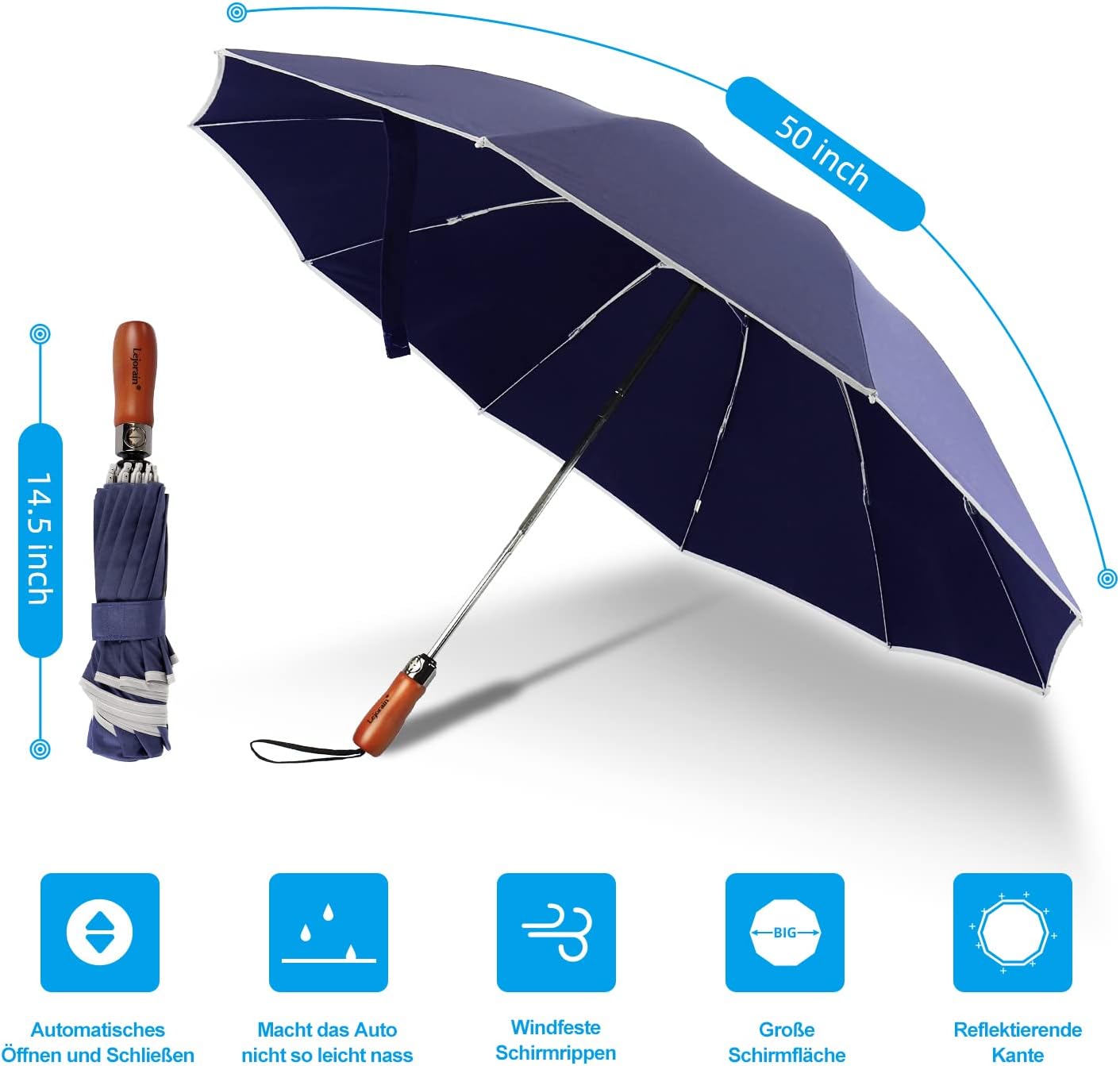 Lejorain Golf Large Inverted Umbrella - Black Big Windproof Heavy Duty Upside Down 46/50/54 Inch Compact Reverse Car Automatic Folding Reflective Umbrella