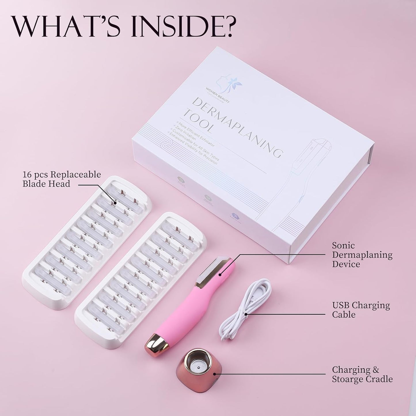 Sonic Dermaplane Razor for Women Face, Dermaplaning Tool for Face, Facial Hair Removal for Women, Sonic Edge Technology, Peach Fuzz with 16 Replaceable Blades(Pink)