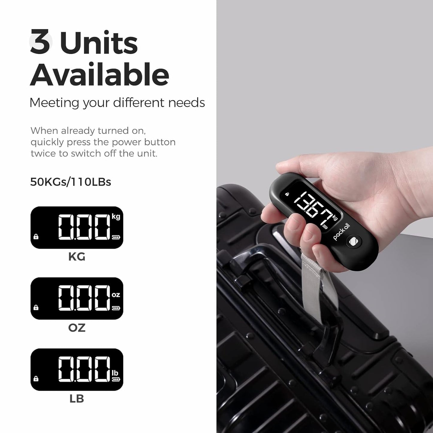 pack all 110 Lbs Luggage Scale, Digital Handheld Baggage Scale, Travel Suitcase Weight Scale with LCD Display, Battery Included, Black