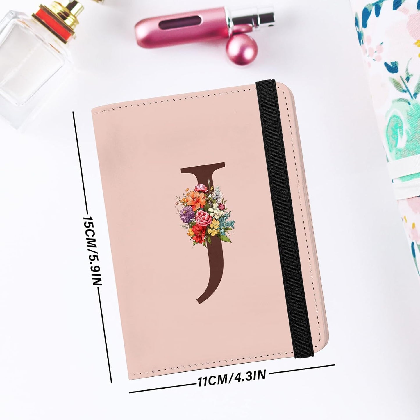 Cute Passport Holder and Holder Combo Passport Cover with Compatible Wallet Credit Card Protector RFID Blocking Women Men (Pink Initial Monogram-J)