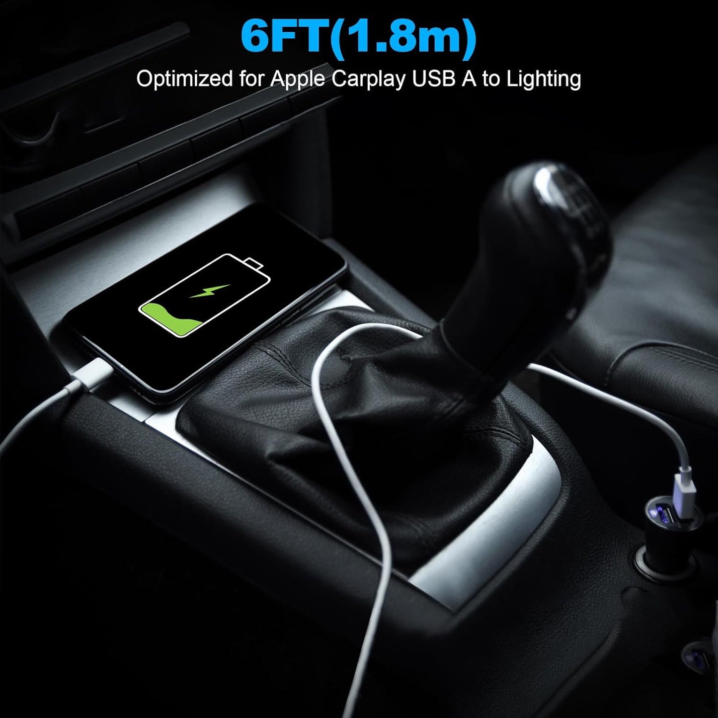 Car Apple Carplay Cable，USB A to Lightning Cable 6FT Compatible with iPhone 14 13 12 11 Pro Max XR XS X Charger Cord，Car Charging Cord（White）