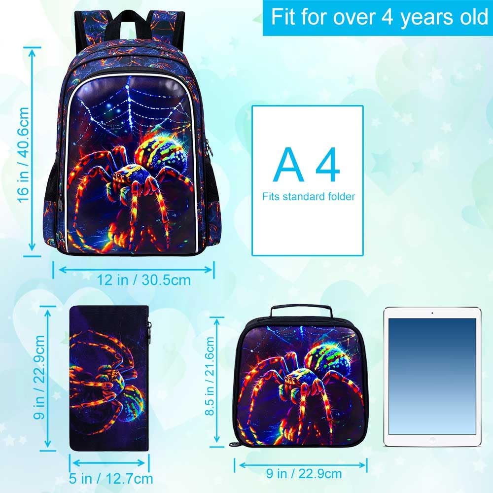 gxtvo 3PCS Spider Backpack for Boys, 16" Kids Bookbag with Lunch Box, Water Resistant Elementary Preschool Toddler School Bag