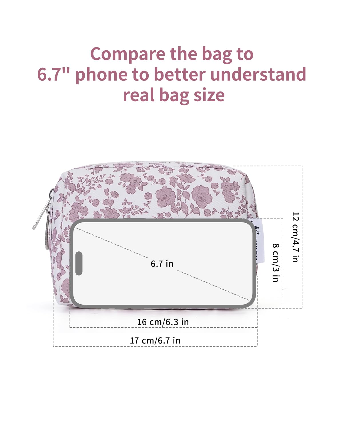 Narwey Small Cute Floral Makeup Bag for Purse Mini Cosmetic Bag Travel Makeup Pouch Zipper Pouch Cute Make up Bags with Compartments for Women Girls (Little Dusty Pink Flower, Small)