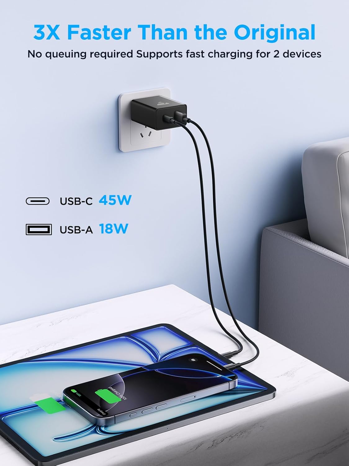 Aioneus Charging Adapter 45W Super Fast Charger Type C PD+QC USB Wall Plug Fast Charging Block for Samsung Phone Charger for Samsung Galaxy S25 Ultra/S24/S23/S22/S21/S20, iPhone 17/16/16e/15/14/13/12