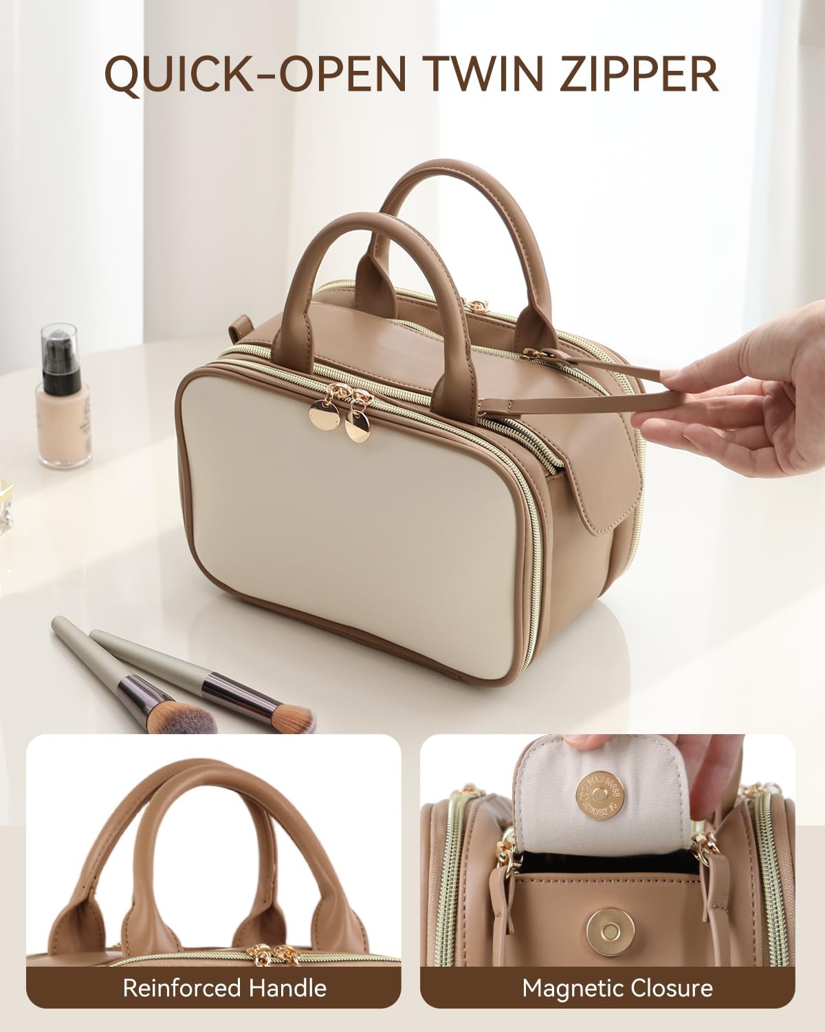 Prite Makeup Bag for Women, Large Capacity Waterproof Travel Cosmetic Organizer, Portable Open Flat