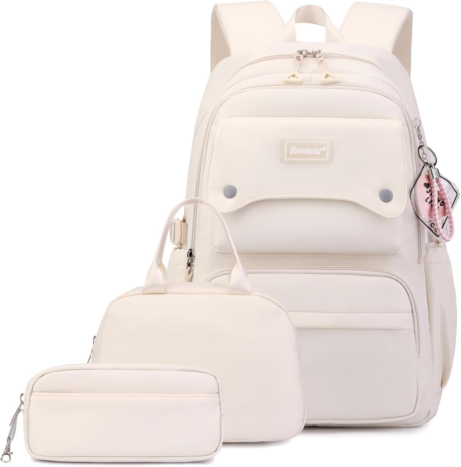 3Pcs Beige Girls Backpack and Lunchbox Set for School Kids, Solid Color Cream School Bag Backpack