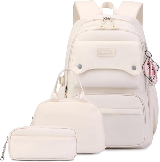 3Pcs Beige Girls Backpack and Lunchbox Set for School Kids, Solid Color Cream School Bag Backpack for Girls with Lunch Bag, Beige