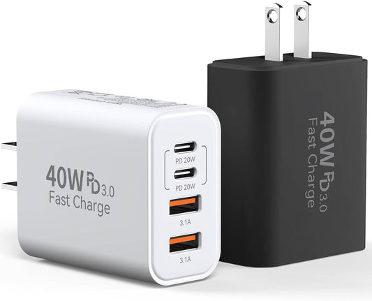 USB C Charger Block, 2-Pack 40W 4-Port Multiple Type C Fast Charging Phone Charger Brick +QC 3.0 USB A Wall Plug Out let Multiport Box Cube for Phone 15/14/13/12/11 Pro Max, Galaxy, Pixel, Black+White