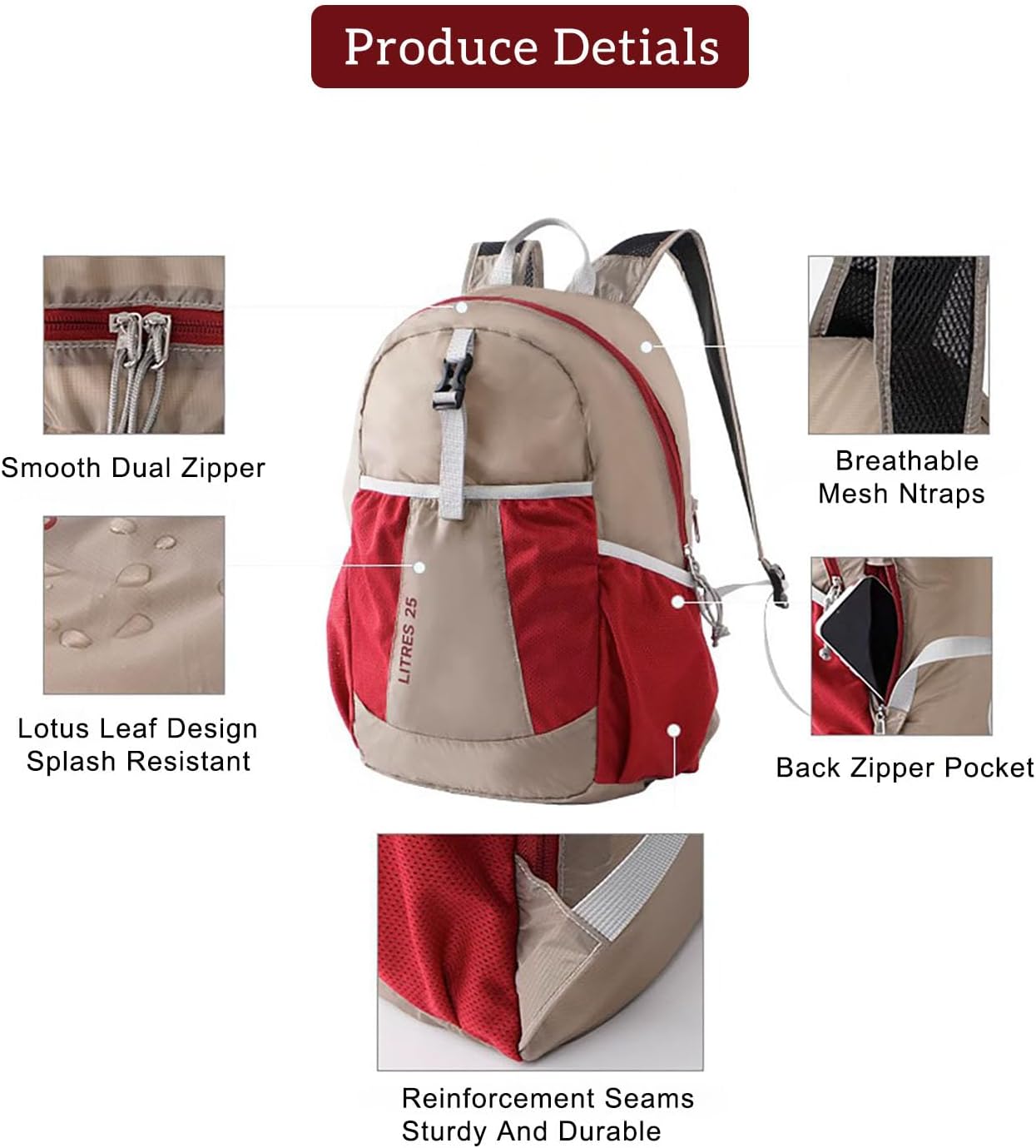 25L Lightweight Foldable Shoulder Backpack Splash Proof Outdoor Sports Daypack Travel Camping Hiking Bag For Men Women (Red)