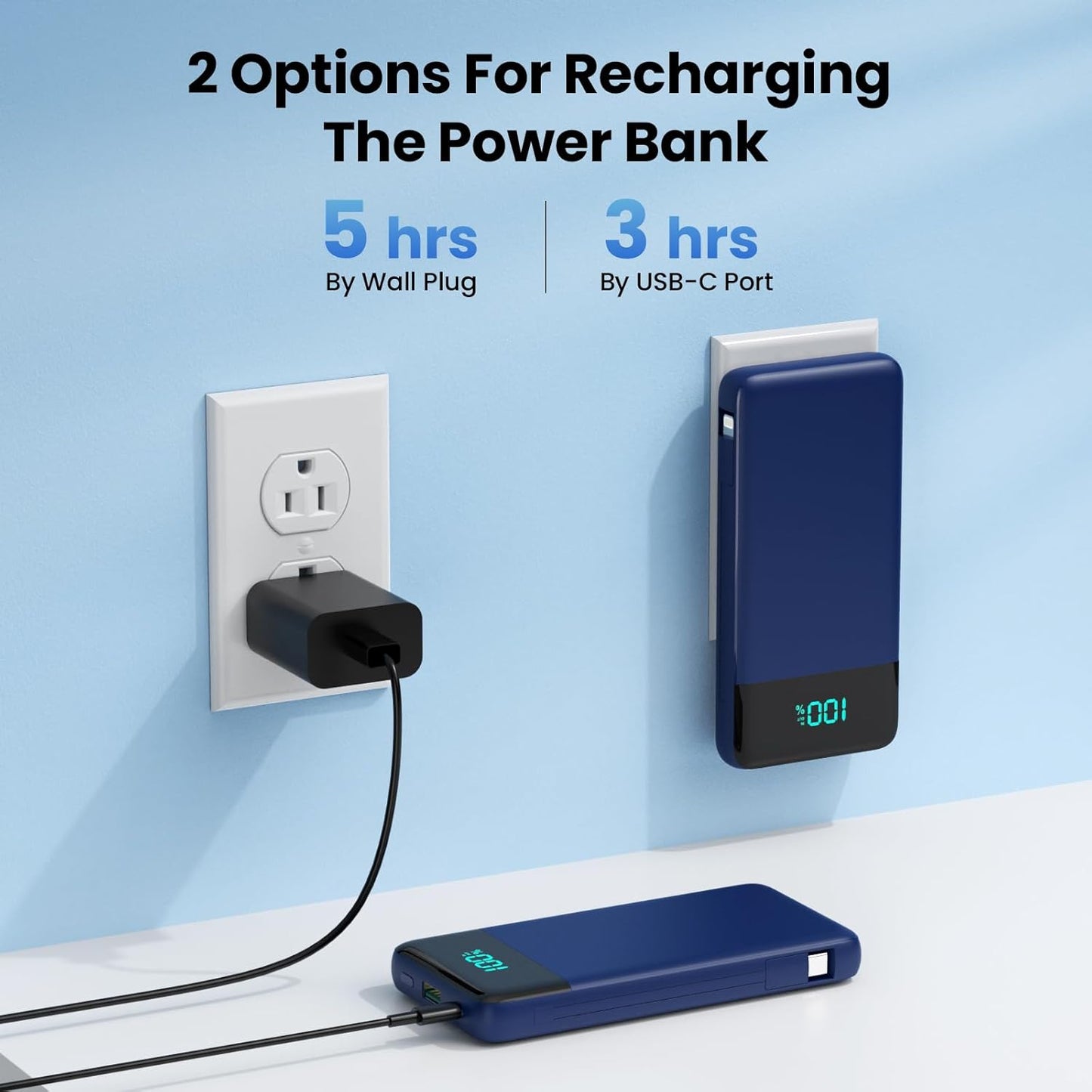 Portable Charger 13800mAh for iPhone with Built-in Cables & AC Wall Plug,5-in-1 USB-C Power Bank,LCD Display External Battery Pack Phone Charger Compatible with iPhone 16/15/14,Android (Dark Blue)
