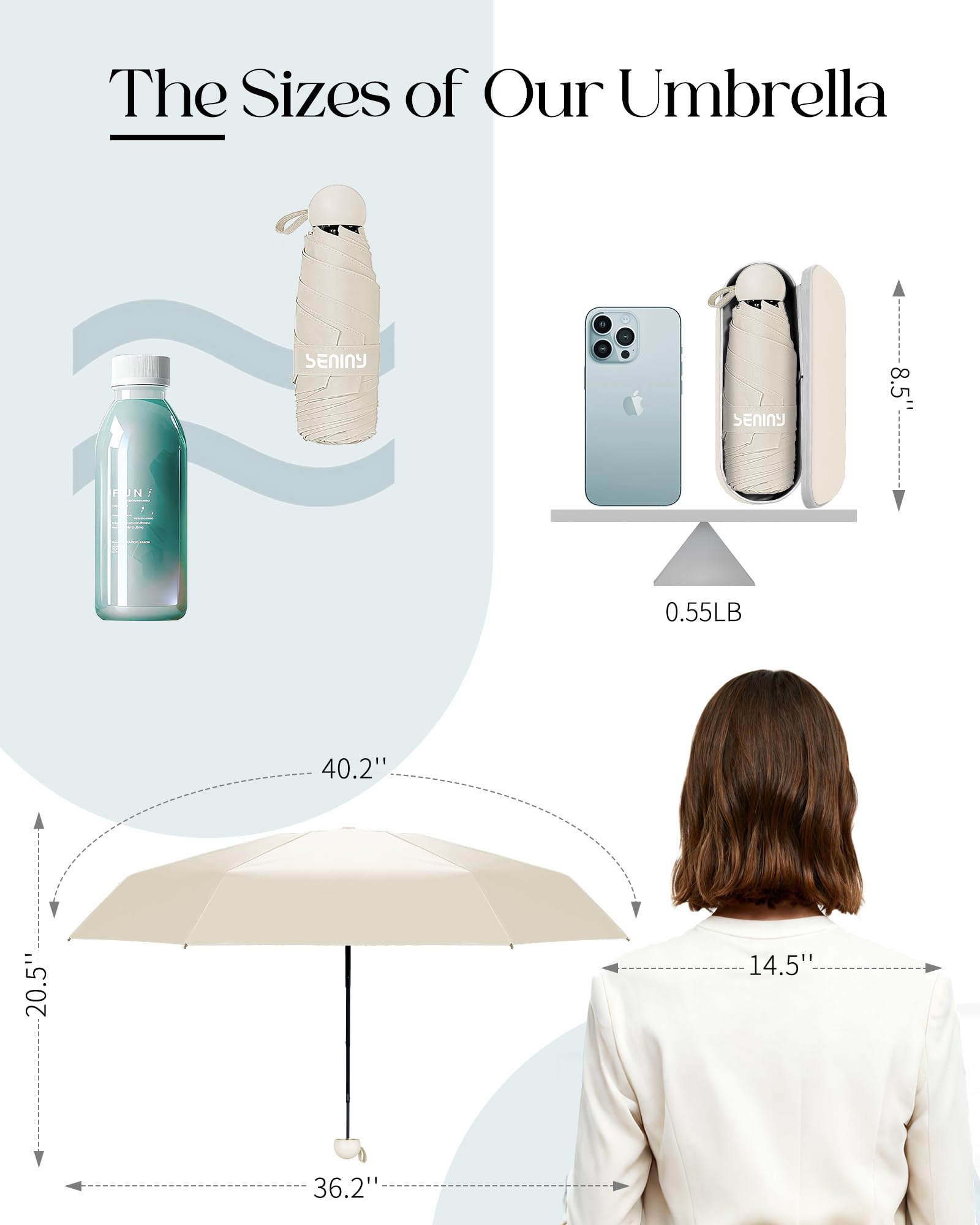 Seniny Mini Travel Umbrella with Case, Compact Pocket Size UV Sun & Rain