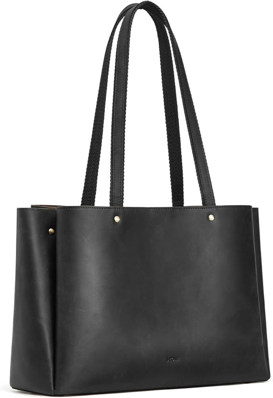 S-ZONE Genuine Leather Tote Bag for Women Work Large Shoulder Handbag with Zipper Compartment for Travel Professional